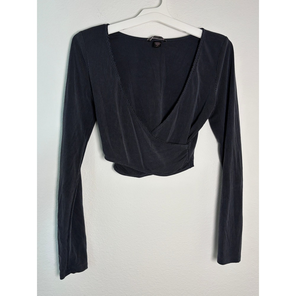 Victoria's Secret Black Ribbed Wrap Front Long Sleeve Crop Top Medium